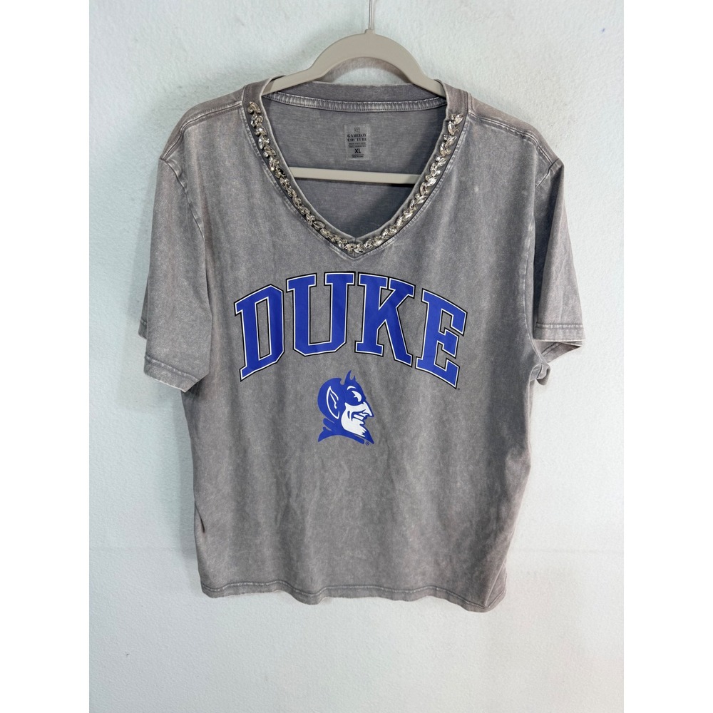 Duke Blue Devils Jeweled Rhinestone V-Neck Tee Women XL Grey Gameday Couture New